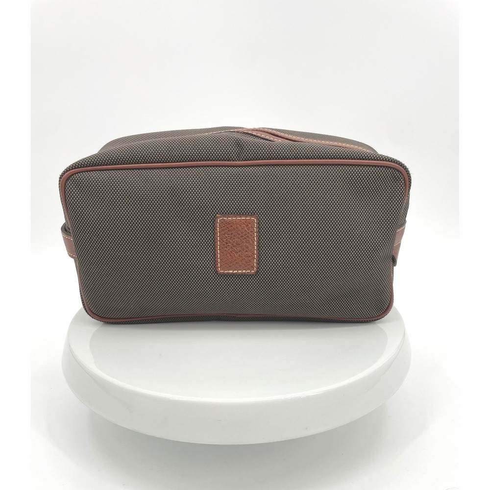Longchamp Toiletry Bag Unisex Brown Canvas Leather Trim Classic Travel Wash Bag